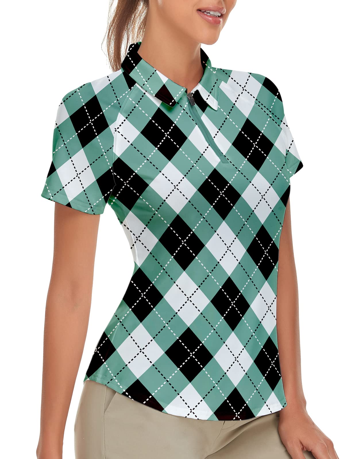 Women's Plaid Golf Shirt Short Sleeve Tennis Shirt Golf Polo Shirts Argyle Golf Tops Green Medium