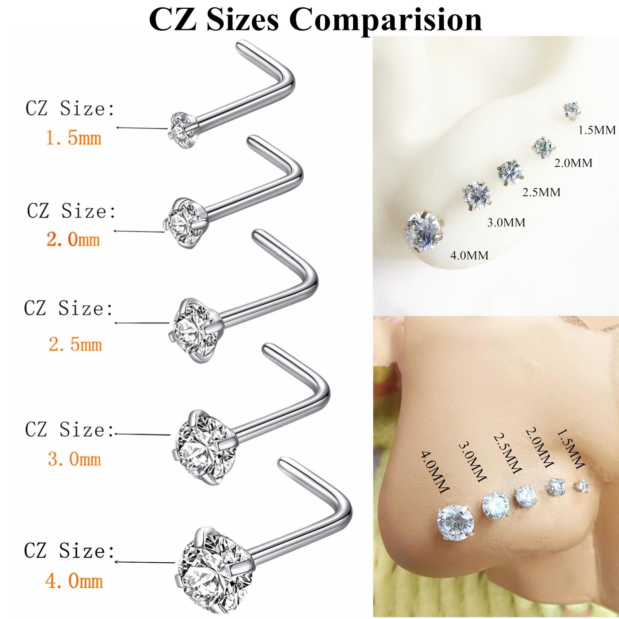 BLESSMYLOVE 6pcs 20g 3.0mm Clear CZ 316L Surgical Steel Silver Nose Studs Nostrial Piercing Body Jewerly L Shaped Studs for Women, Cubic Zirconia Stainless Steel Nose Rings