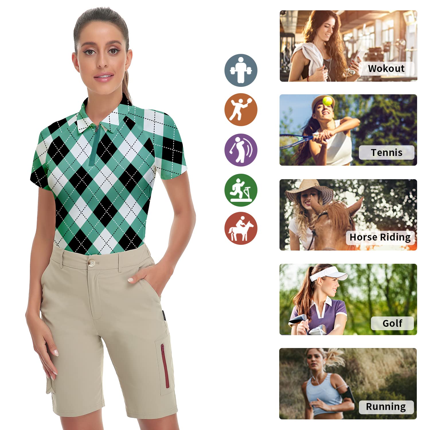 Women's Plaid Golf Shirt Short Sleeve Tennis Shirt Golf Polo Shirts Argyle Golf Tops Green Medium