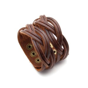 Mgutillart Punk Braided Band Bracelet Wide Leather Arm Cuff Bracelet(Brown)