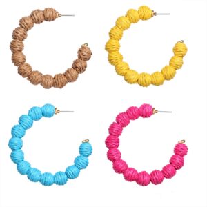 BSJELL 4 Pairs Rattan Earrings Hand Woven Geometric Statement Hoop Straw Wicker Braid Earrings Summer Beach Bohemian Drop Dangle Earrings for Women (A:Rattan Ball Hoop)