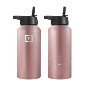 IRON °FLASK Camping & Hiking Hydration Flask, Wide Mouth, 3 Straw Lids, Stainless Steel Outdoor Water Bottle, Double Walled, Insulated Thermos, Metal Canteen - Rose Gold, 32 Oz