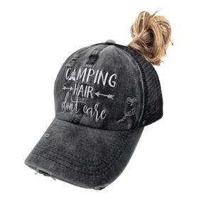 Waldeal Embroidered Camping Hair Don't Care Trucker Hat Distressed Messy Bun Ponytail Baseball Cap for Men Women Black