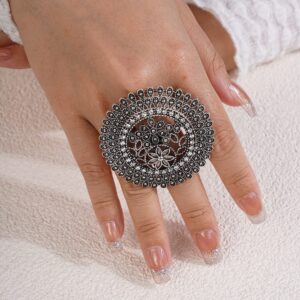 Jumwrit Rhinestone Big Round Ring Open Wrap Ring Vintage Ring with Flower Engraved Statement Ring Adjustable Finger Ring Indian Ring for Women and Girls（Silver）