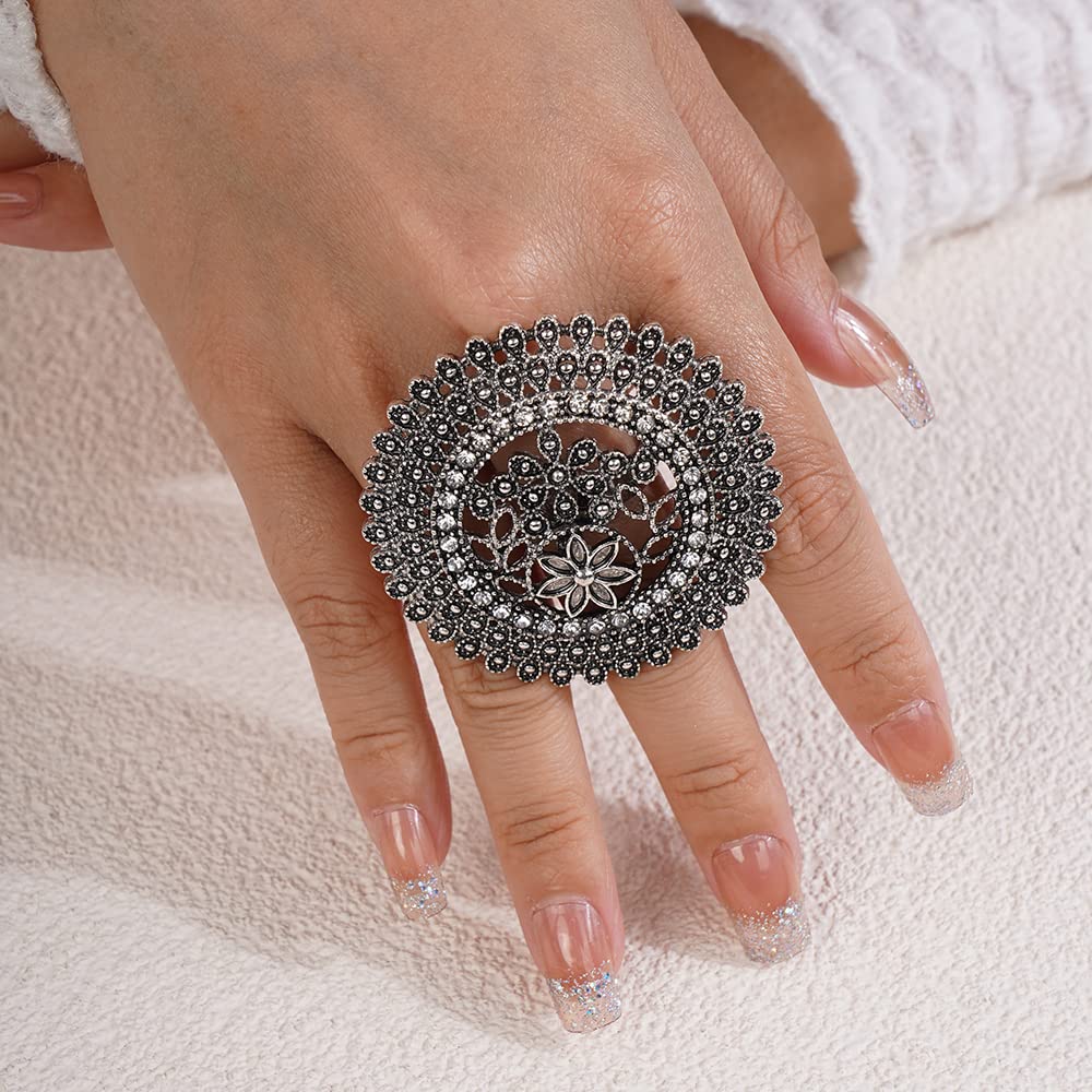 Jumwrit Rhinestone Big Round Ring Open Wrap Ring Vintage Ring with Flower Engraved Statement Ring Adjustable Finger Ring Indian Ring for Women and Girls（Silver）