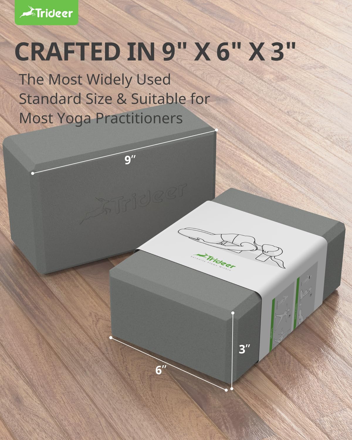 Trideer Yoga Blocks, Yoga Blocks 2 Pack, High Density EVA Foam Blocks, Supportive, Lightweight & Odor Resistant, Yoga Essentials for Yogi & Yogini, Yoga Accessories 9"x6"x3" (Gray)