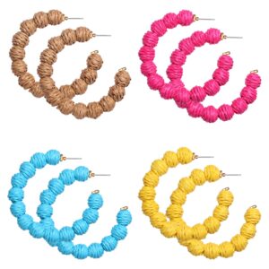 bsjell 4 pairs rattan earrings hand woven geometric statement hoop straw wicker braid earrings summer beach bohemian drop dangle earrings for women (a:rattan ball hoop)