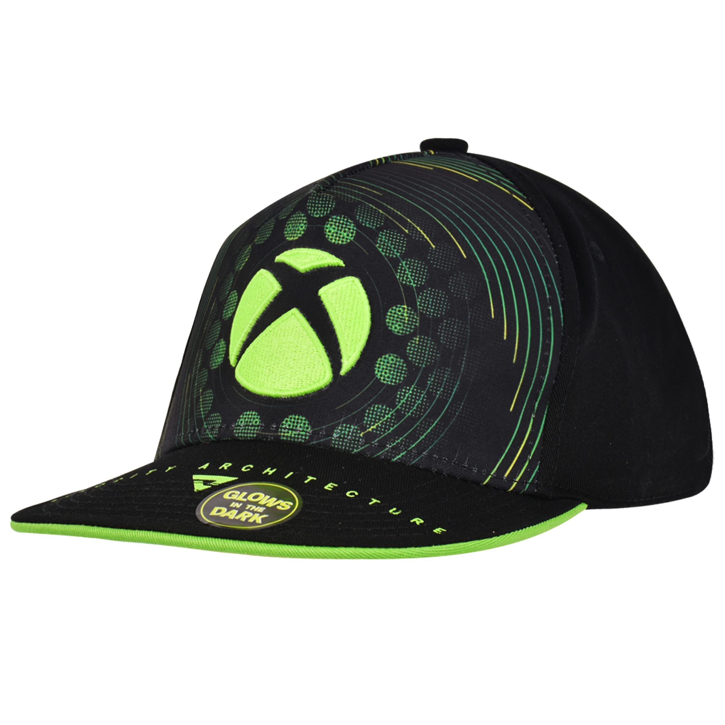 Microsoft Xbox Baseball Hat, Glow in The Dark Skater Adult Snapback Cap with Flat Brim, Green/Black, One Size