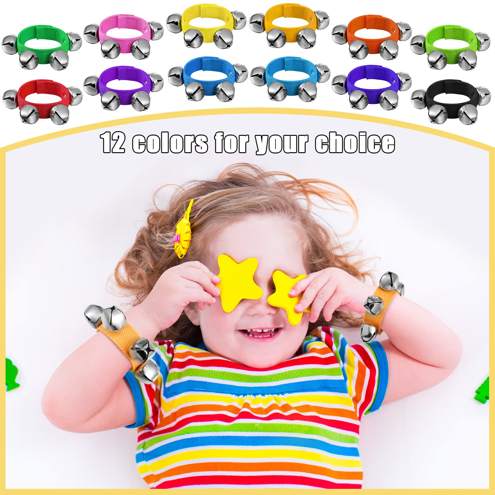 48 Pcs Wrist Band Jingle Bells 12 Musical Instruments Gift Hand Percussion Wrist Bells Wrist Shaking Music Bells for Kids Adjustable Musical Hand Bells Set for Adults Baby