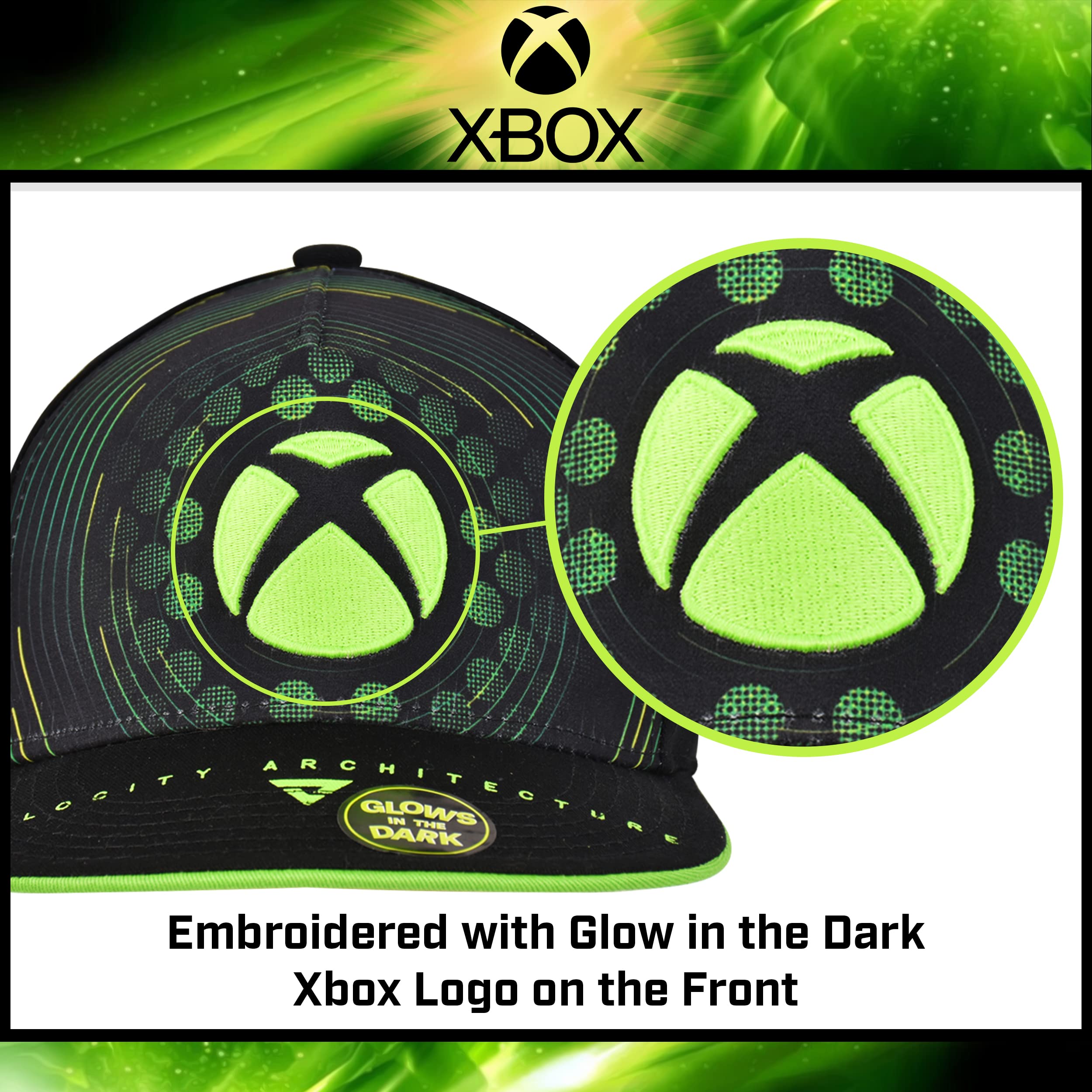 Microsoft Xbox Baseball Hat, Glow in The Dark Skater Adult Snapback Cap with Flat Brim, Green/Black, One Size