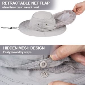 Mosquito Head Net Hat - Bug Cap UPF 50+ Sun Protection with Hidden Netting for Beekeeping Hiking Men & Women Light Grey