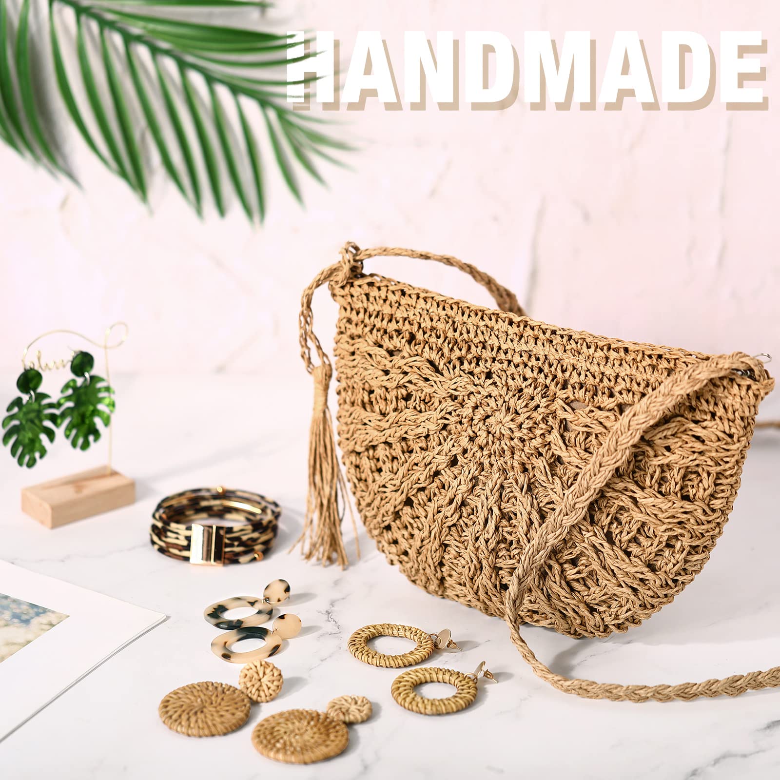 Beach Purse Earrings Set Straw Shoulder Bag Vacation Beach Purse with 4 Rattan Boho Tropical Earrings Leopard Bracelet Kit (Semicircular)