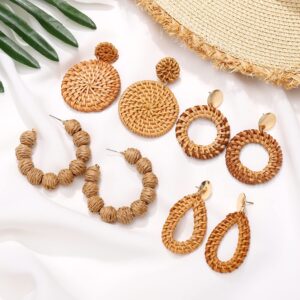 Rattan Earrings Boho Rattan Ball Hoop Earrings for Women Handmade Summer Beach Raffia Dangle Earring Set Statement Straw Wicker Earrings Gifts (4Pairs Rattan Set)