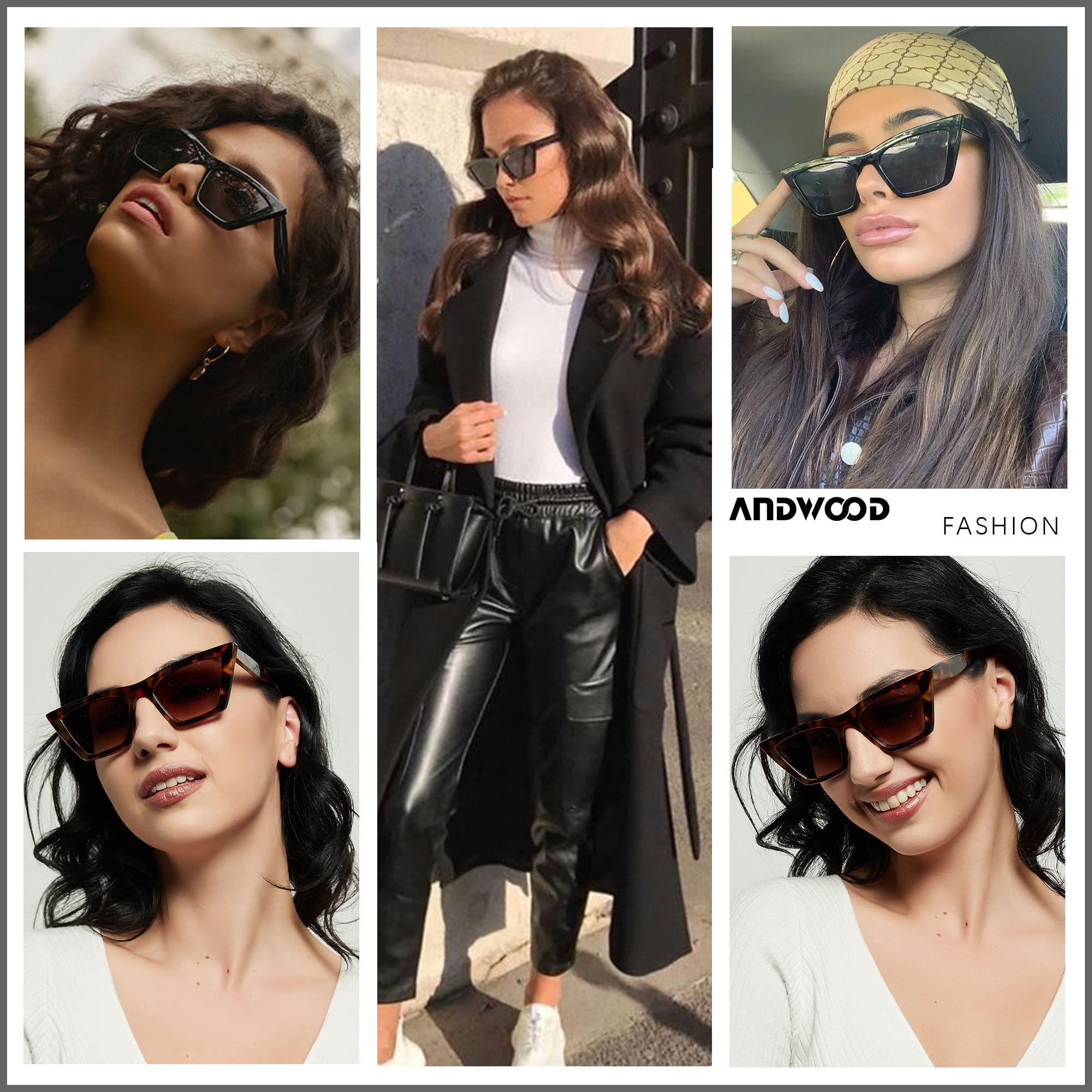 ANDWOOD Cat Eye Sunglasses for Women Cateye Frames Fashion Vintage Square Classic Retro Sun Glasses Black Tortoise Shades