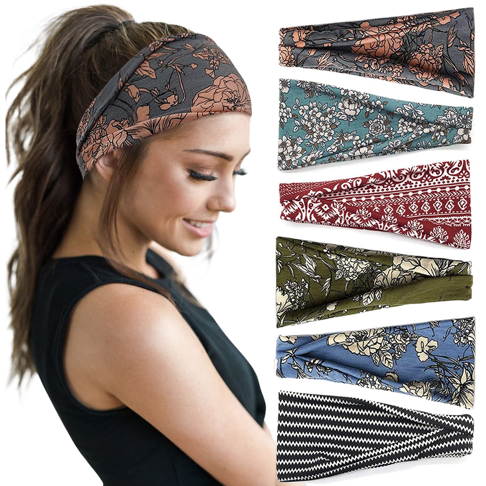 Huachi Boho Headbands - Wide Non-Slip Hair Accessories for Women's Yoga, Workout and Summer, 6 Pack