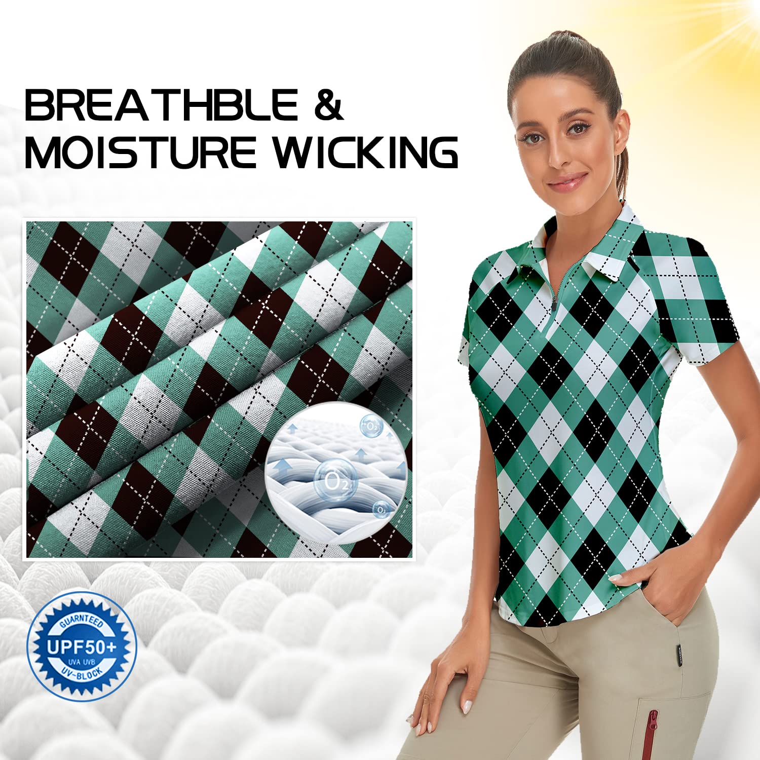 Women's Plaid Golf Shirt Short Sleeve Tennis Shirt Golf Polo Shirts Argyle Golf Tops Green Medium