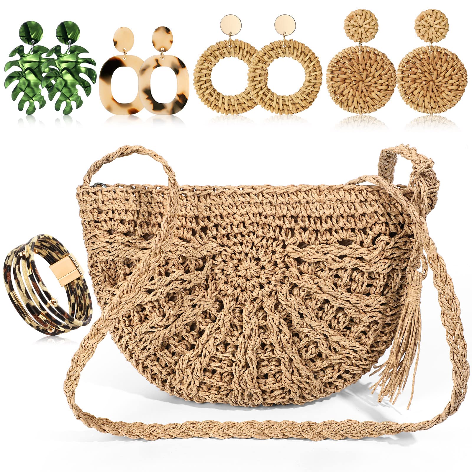 Beach Purse Earrings Set Straw Shoulder Bag Vacation Beach Purse with 4 Rattan Boho Tropical Earrings Leopard Bracelet Kit (Semicircular)