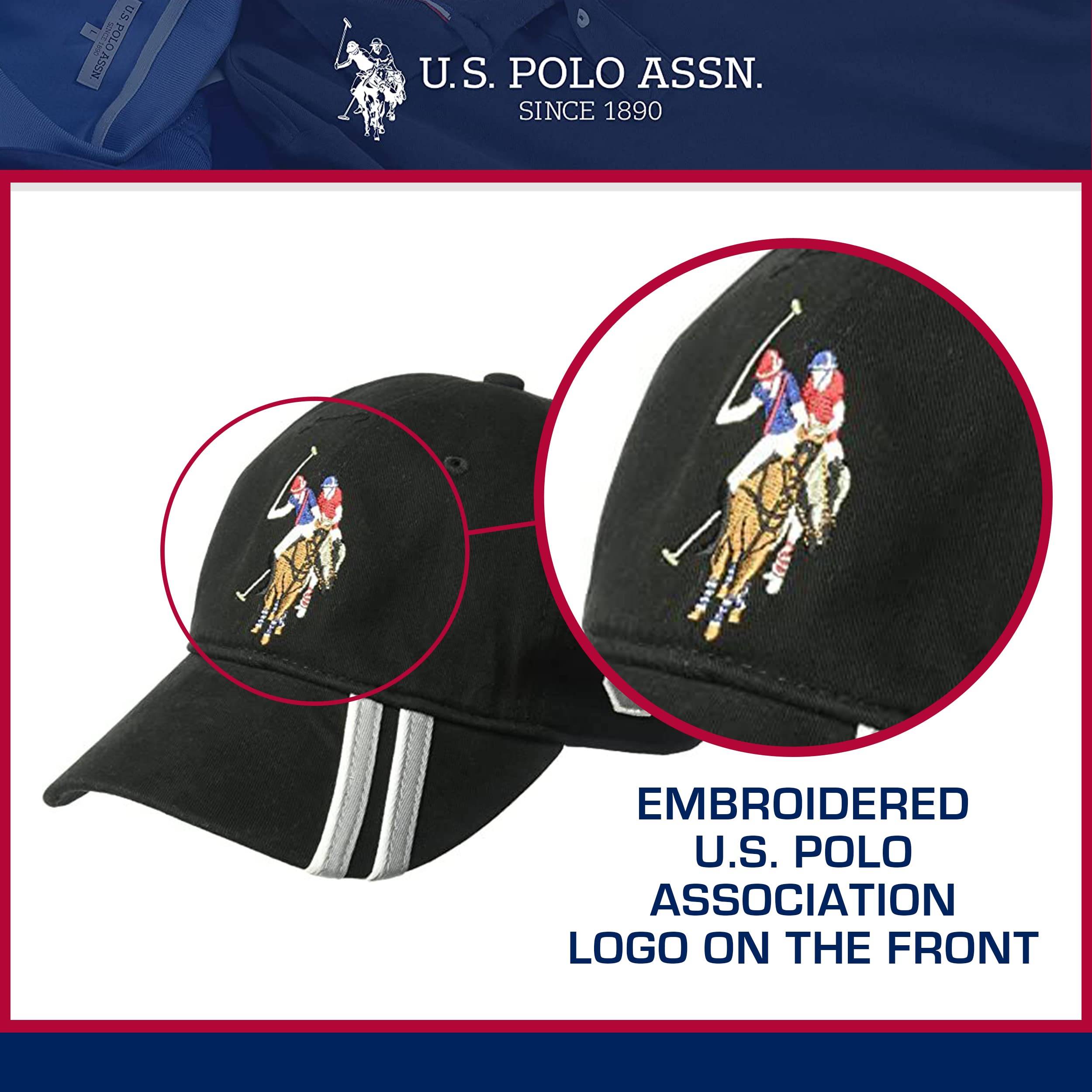 U.S. Polo Assn. Dad Hat, Embroidered Horse Logo Adjustable Adult Baseball Cap with Diagonal Accent Stripes, Black, One Size