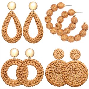 Rattan Earrings Boho Rattan Ball Hoop Earrings for Women Handmade Summer Beach Raffia Dangle Earring Set Statement Straw Wicker Earrings Gifts (4Pairs Rattan Set)