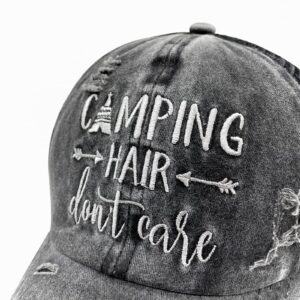 Waldeal Embroidered Camping Hair Don't Care Trucker Hat Distressed Messy Bun Ponytail Baseball Cap for Men Women Black