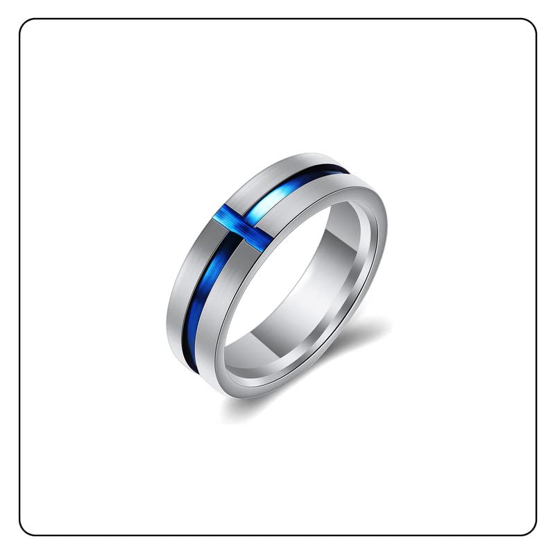 Fusamk Fashion Blue Epoxy Stainless Steel Cross Band Ring(Steel(9))