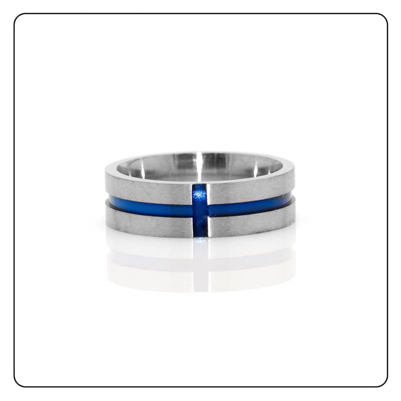 Fusamk Fashion Blue Epoxy Stainless Steel Cross Band Ring(Steel(9))