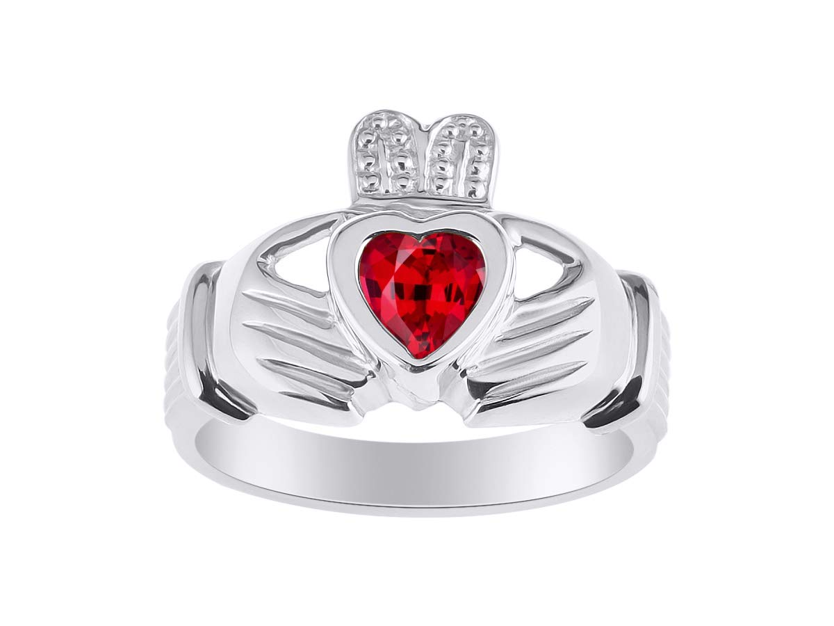 Rylos Rings 14K White Gold Claddah Love, Loyalty & Friendship Heart 6MM Gem Irish Wedding Band Claddagh Rings July Ruby Jewelry Size 8