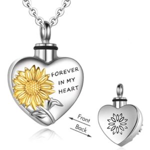 Jude Jewelers Stainless Steel Heart Shaped Sun Flower Ash Urn Keepsake Memorial Loved Ones Pendant Necklace (Silver Gold)