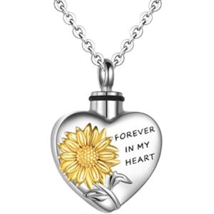 Jude Jewelers Stainless Steel Heart Shaped Sun Flower Ash Urn Keepsake Memorial Loved Ones Pendant Necklace (Silver Gold)