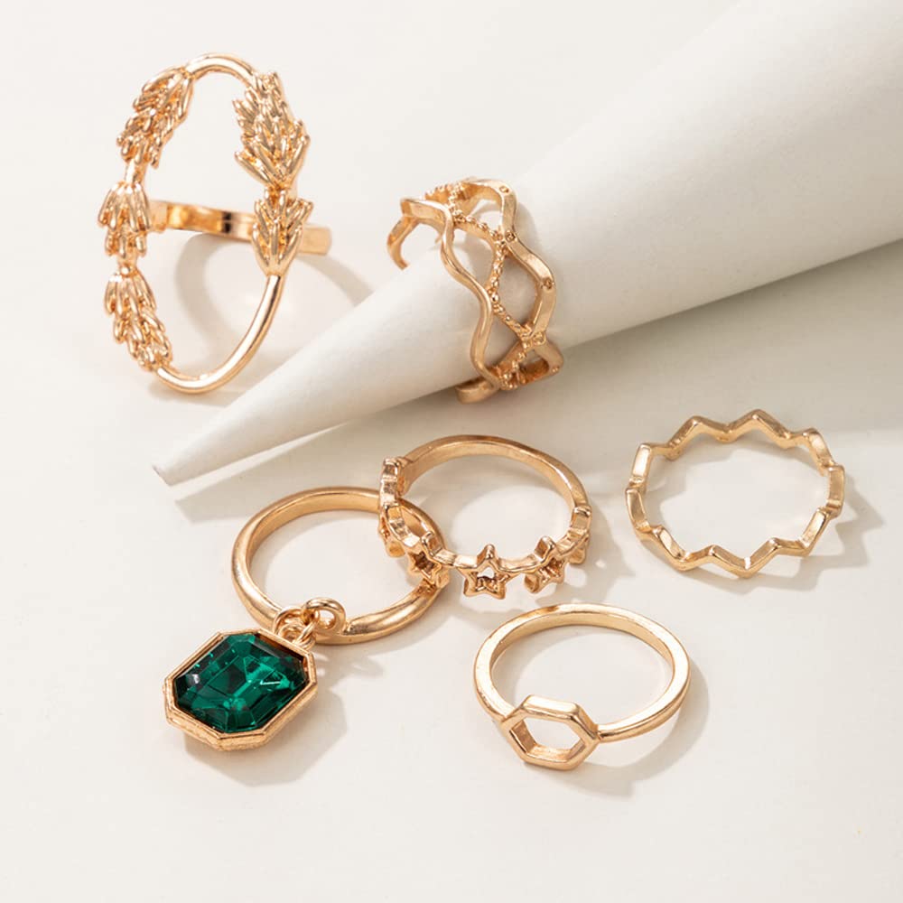 Octwine Rhinstone Boho Knuckle Rings Set Gold Star Stacking Midi Finger Rings Set Bohomian Crystal Green Rhinestones Statement Joint Carved Knuckle Ring Set for Women 6 Pcs