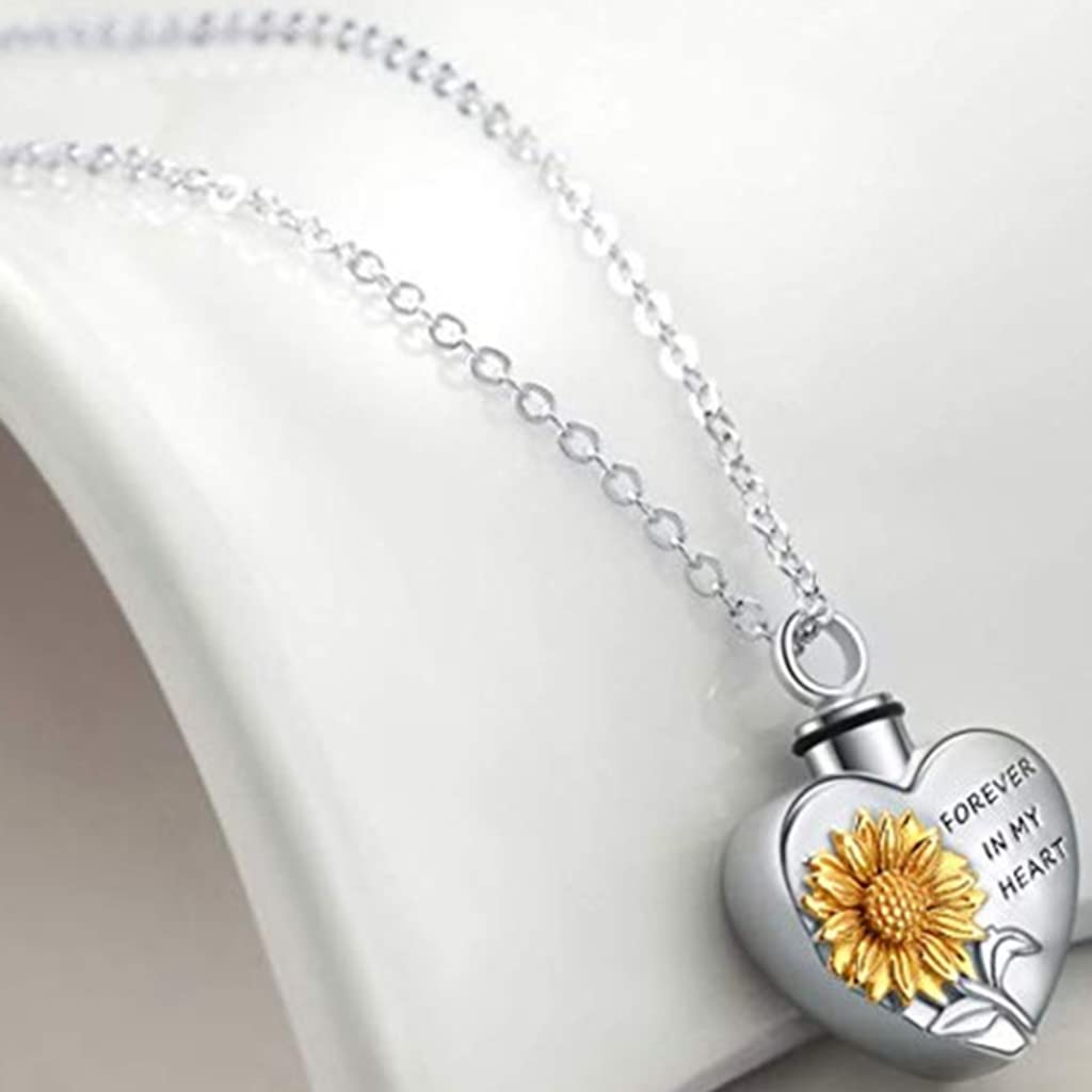 Jude Jewelers Stainless Steel Heart Shaped Sun Flower Ash Urn Keepsake Memorial Loved Ones Pendant Necklace (Silver Gold)