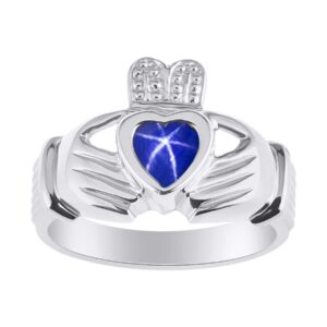 Rylos Rings Sterling Silver Claddah Love, Loyalty & Friendship Heart 6MM Gem Irish Wedding Band Claddagh Rings Blue Star Sapphire Jewelry Size 10