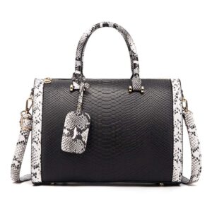 Mn&Sue Women Satchel Crocodile Cobra Pattern Top Handle Purse Cross Body Doctor Handbag (Black-)