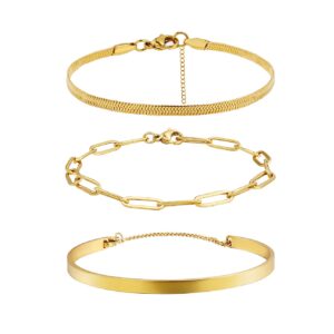 Layered Gold Chain 18K Gold Plated Herringbone Non-Tarnish Dainty Paperclip Stackable Stainless Steel Flat Snake Link Bracelet for Women Jewelry Set