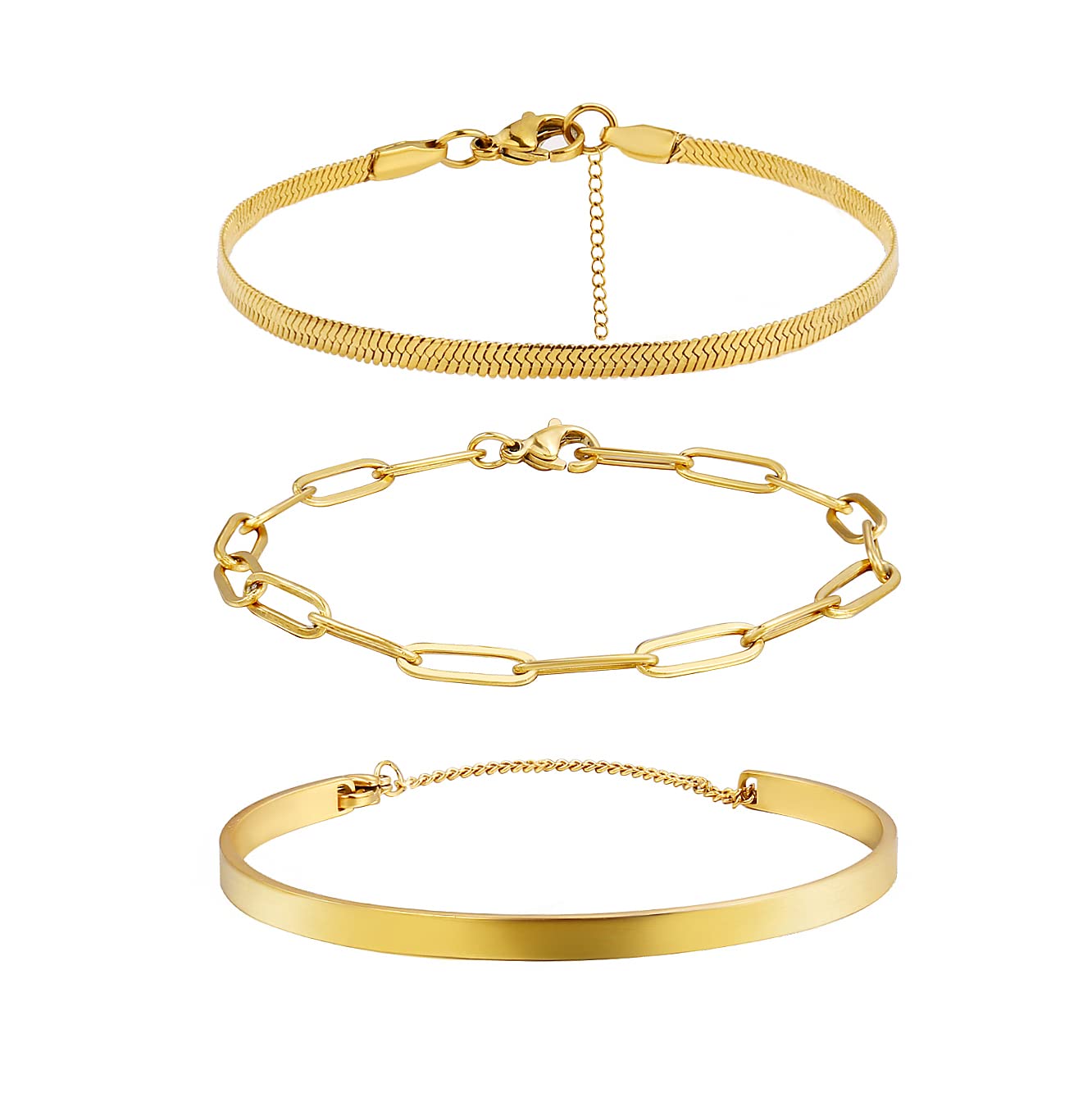 Layered Gold Chain 18K Gold Plated Herringbone Non-Tarnish Dainty Paperclip Stackable Stainless Steel Flat Snake Link Bracelet for Women Jewelry Set