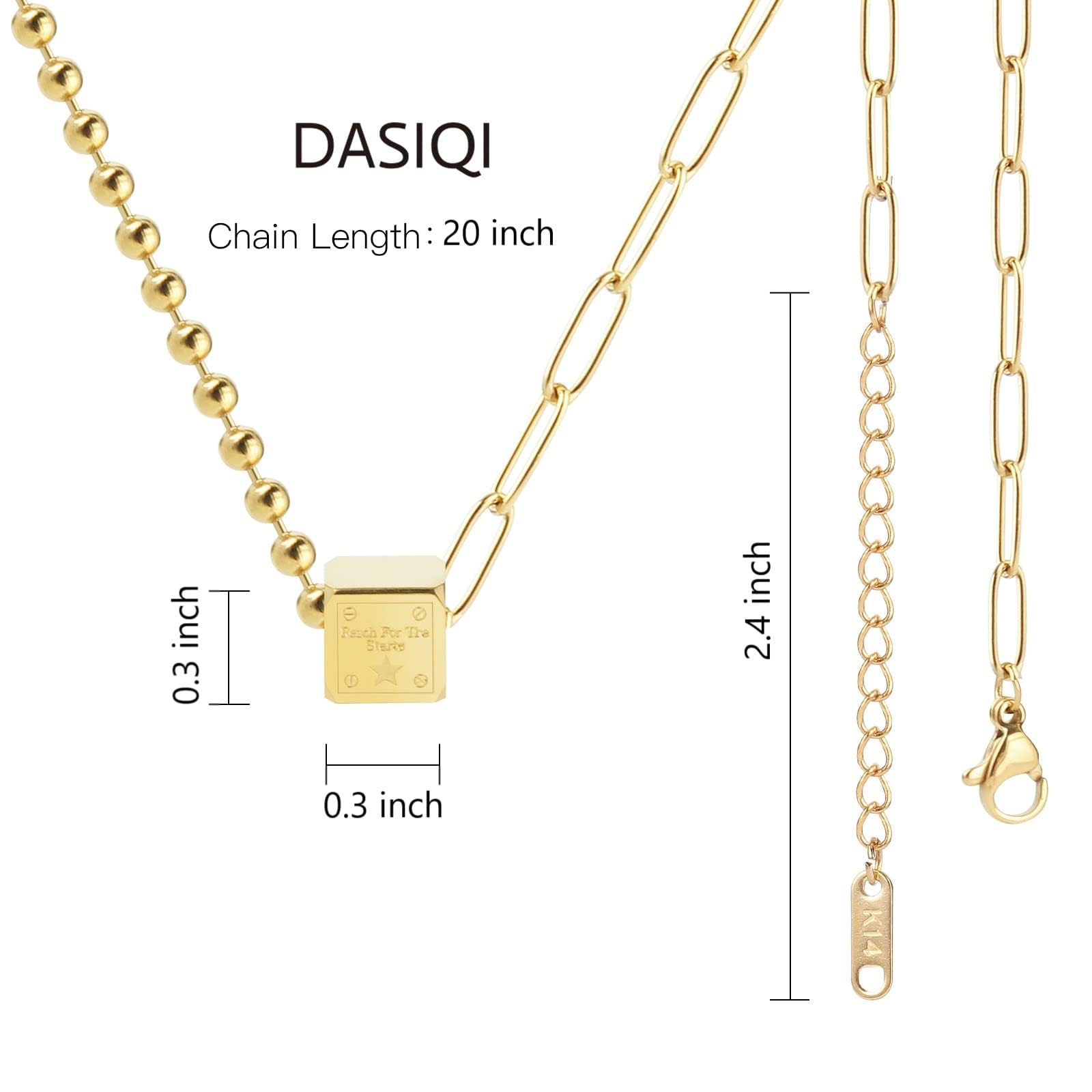 DASIQI Gold Necklace Stainless Steel Square Dice Beads Splicing Chains Fashion Jewelry for Women 20 inch