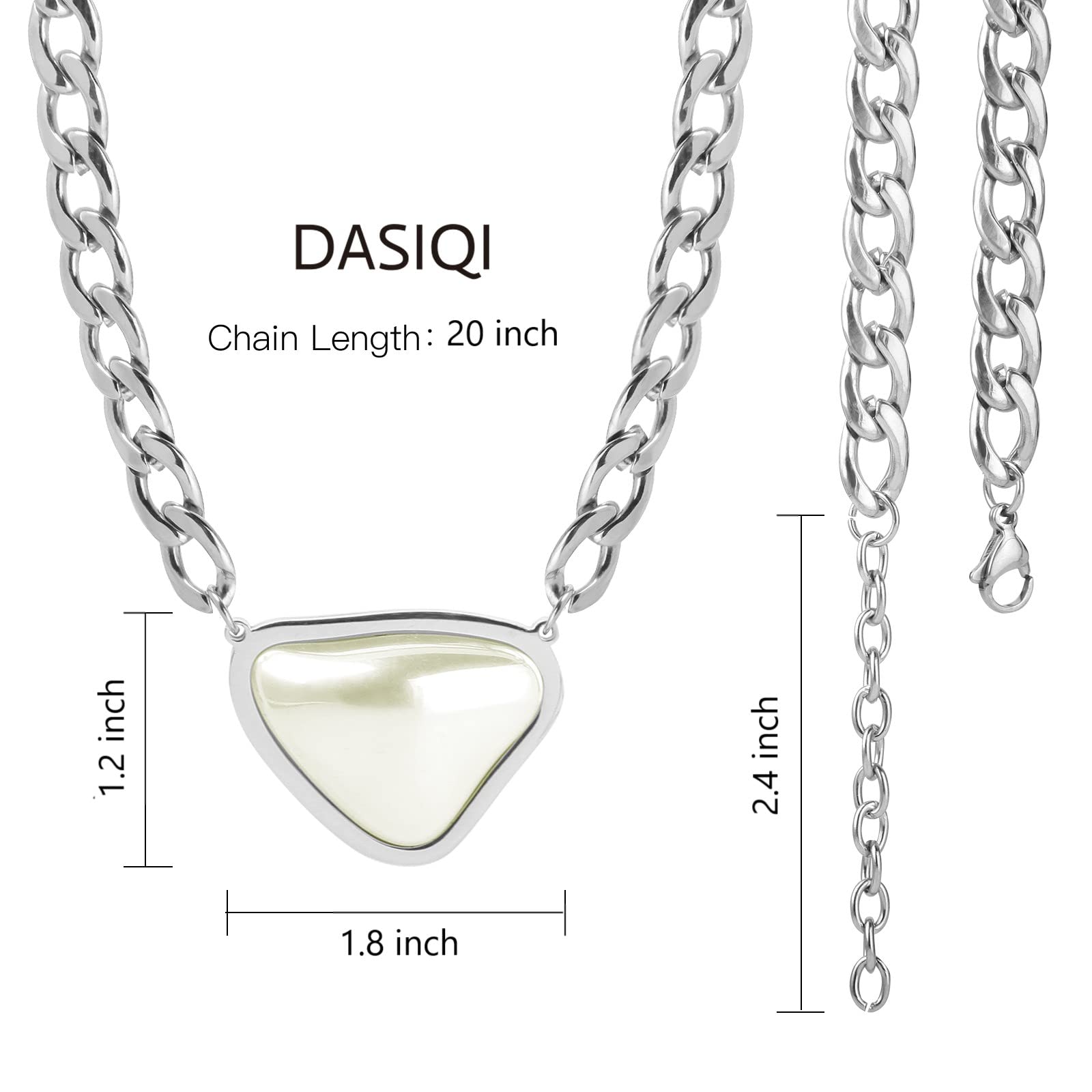 DASIQI Pearl Pendant Necklace Cuban Link Thick Silver Chain Stainless Steel Fashion Jewelry