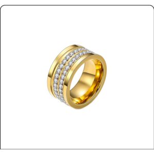 Fusamk Fashion 18K Gold Stainless Steel Band Ring Two Row Crystal Ring(Gold(9))