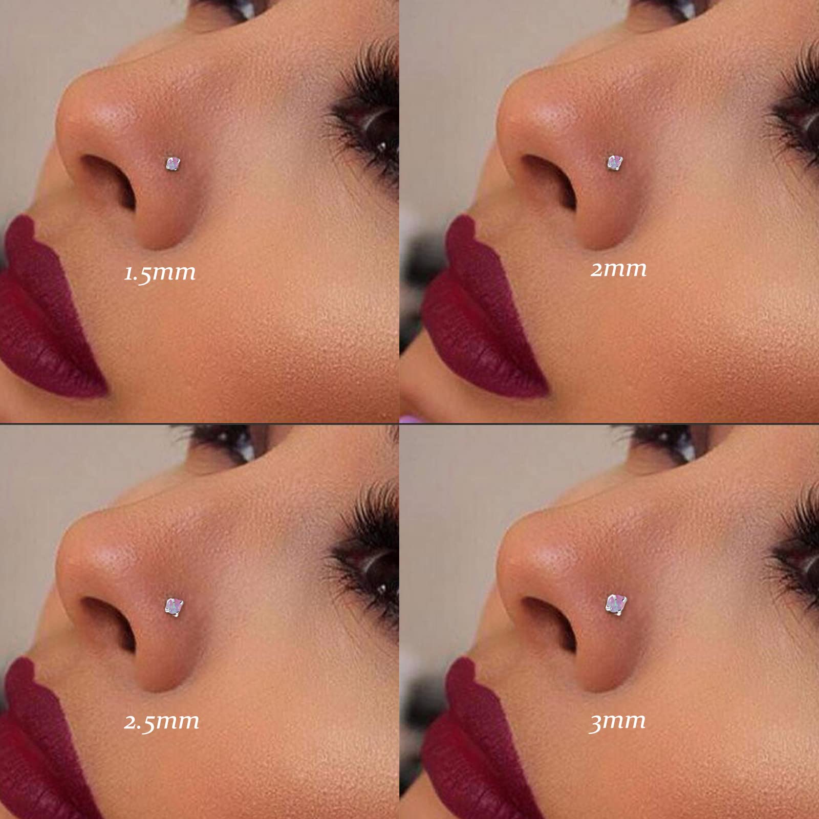 Kridzisw 18G Nose Rings Studs Pierings Jewelry Straight Silver Opal Nose Studs 18 Gauge Stainless Surgical Steel Diamond Stud Nose Ring Pin Bone Nose Bar Earrings Piercing Jewelry Women Men 3mm