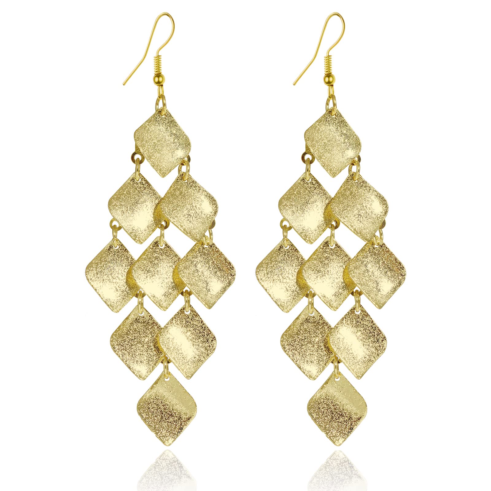 Layered Leaf Earrings - Lightweight Chandelier Earrings for Women, Vintage Statement Earrings (Gold Square)