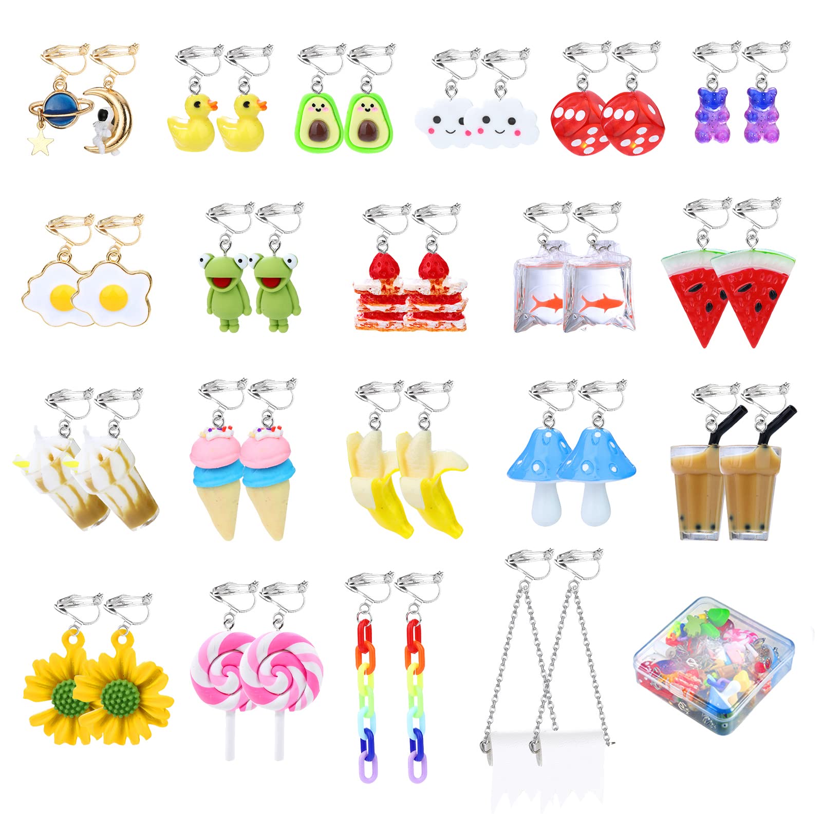 JOERICA 20Pairs Weird Clip On Earrings Funny Drop Dangle Earrings for Women Frog Flower Mushroom Butterfly Strawberry Goldfish Earrings, Stainless Steel, Cubic Zirconia