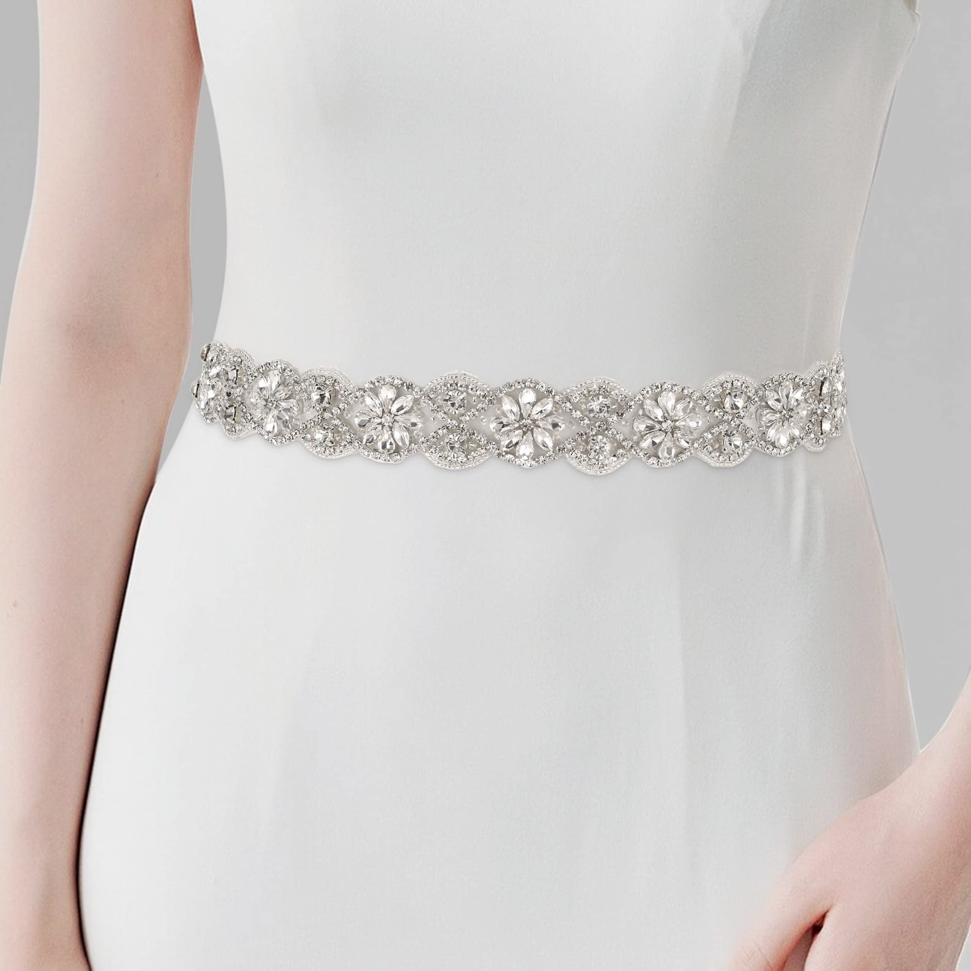 yanstar Rhinestone Bridal Belt, Sparkly Wedding Dress Belt, Silver Wedding Belt for Bride Dress