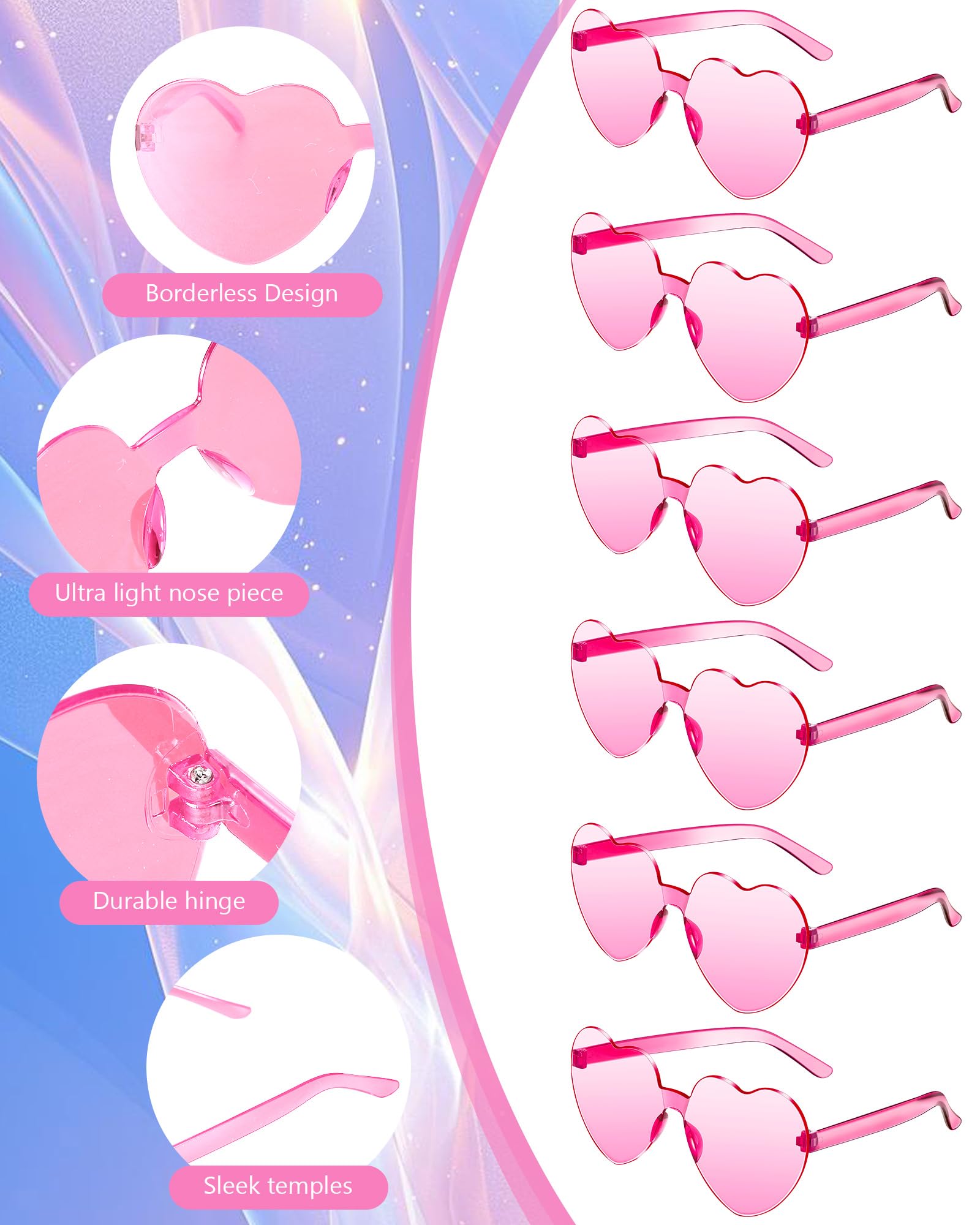 ZHANGBY 9 Pairs Heart Sunglasses for Women Frameless Trendy Transparent Hot Pink Glasses (Pink)