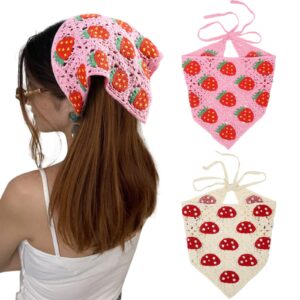 awaytr crochet bandana head kerchief hair scarf 2pcs knitted scarves tie bcak floral headwrap for women girls (strawberry mushroom (pink+beige))