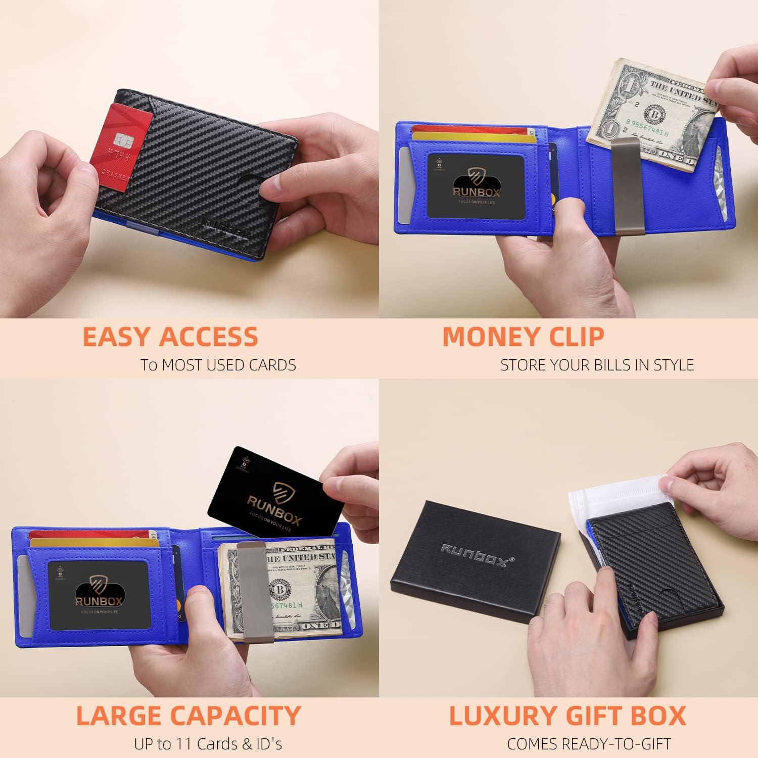 RUNBOX Slim Wallets for Men - Leather Money Clip Mens Wallet - RFID Blocking Front Pocket Bifold Wallet - Thin Credit Card Holder with Gift Box