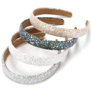 BOMTTY 4 Pcs Glitter Headbands, Sparkly Headband Plastic Hair Hoop Glitter Hairbands for Girls and Women (Black+White+Grey+Beige)