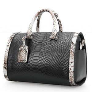 Mn&Sue Women Satchel Crocodile Cobra Pattern Top Handle Purse Cross Body Doctor Handbag (Black-)