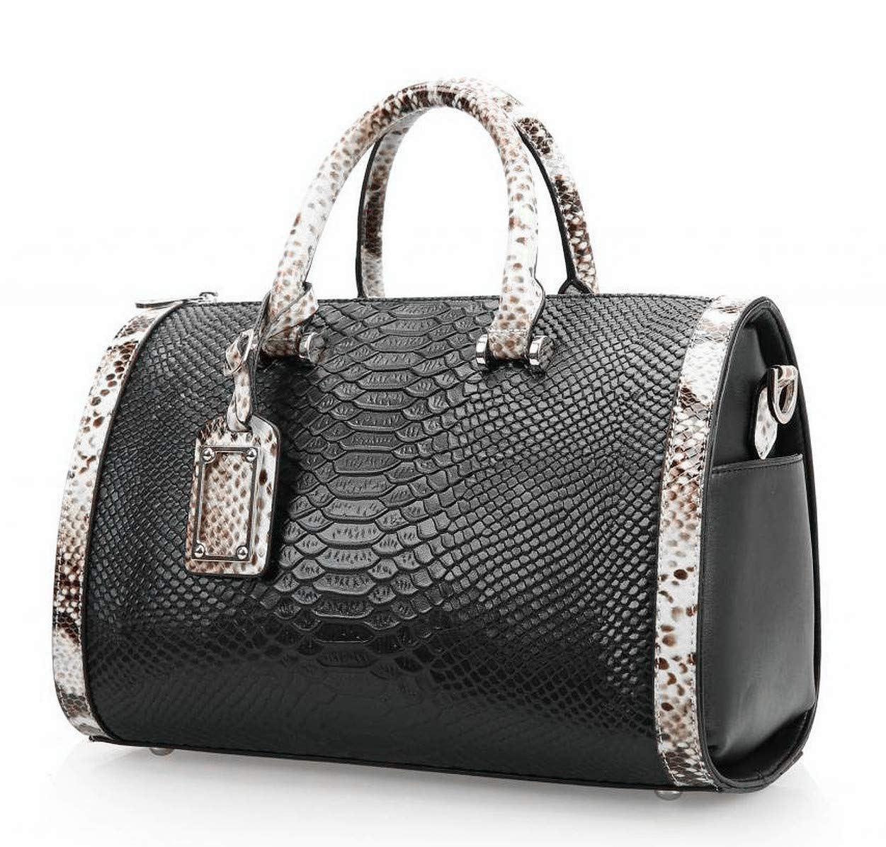 Mn&Sue Women Satchel Crocodile Cobra Pattern Top Handle Purse Cross Body Doctor Handbag (Black-)