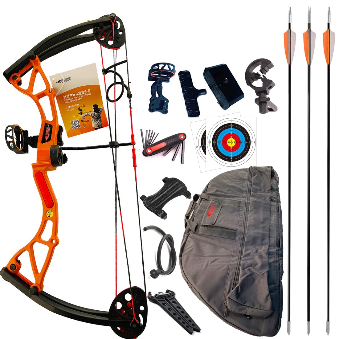 Linkboy Kid Compound Bow Set for Youth and Beginners 9-13 years Brithday Gift, Right Handed,Amounted for Shooting,Easy learning Adjustable 10-20 Lbs Archery Practice Safe arrows Passionate Orange