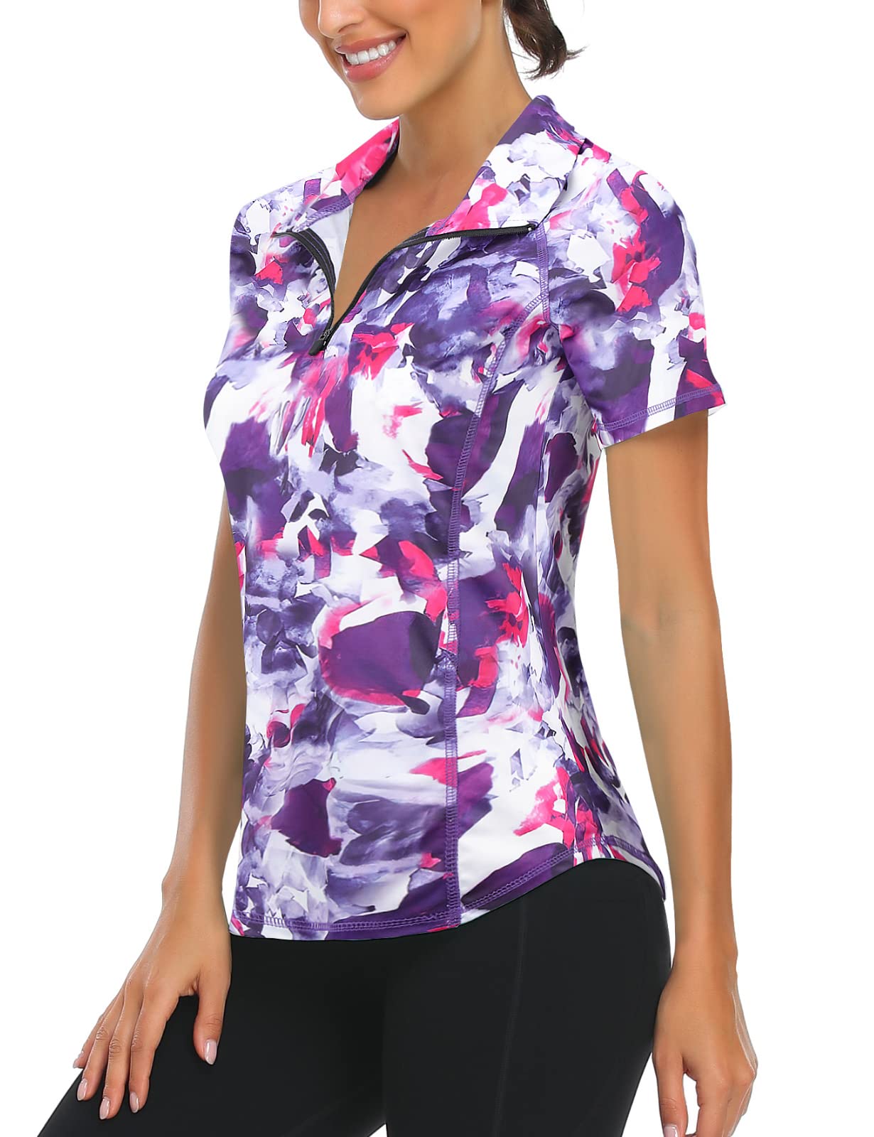 LURANEE Womens Golf Shirt,Workout Tops Short Sleeve Half-Zip SPF 50+ Sun Protection Shirts Cooling Dry Fit Running Clothes Lightweight Hiking Sport Yoga Jacket Active Wear Tie Dye Medium